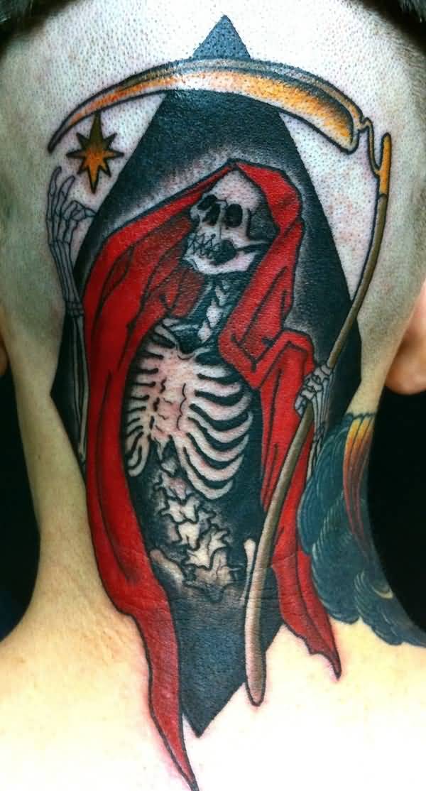 Black And Red Ink Grim Reaper Tattoo On Back Head