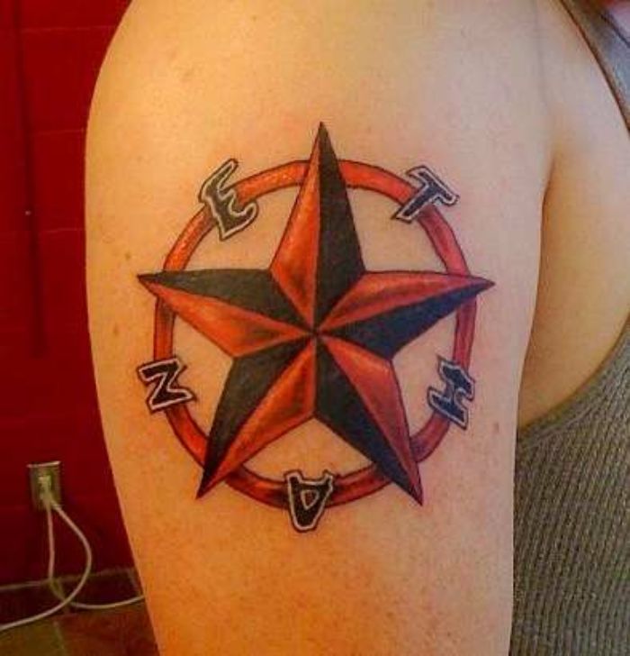 Black And Red Nautical Star Tattoo On Right Shoulder