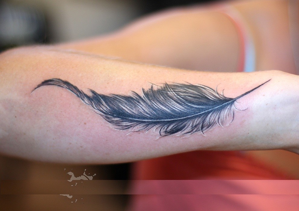 Black And White Feather Tattoo On Right Arm