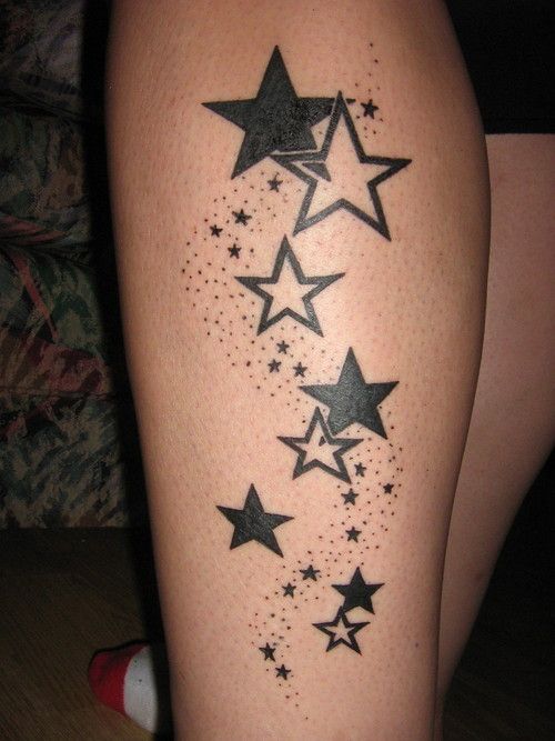 Black And White Shooting Stars Tattoo On Leg