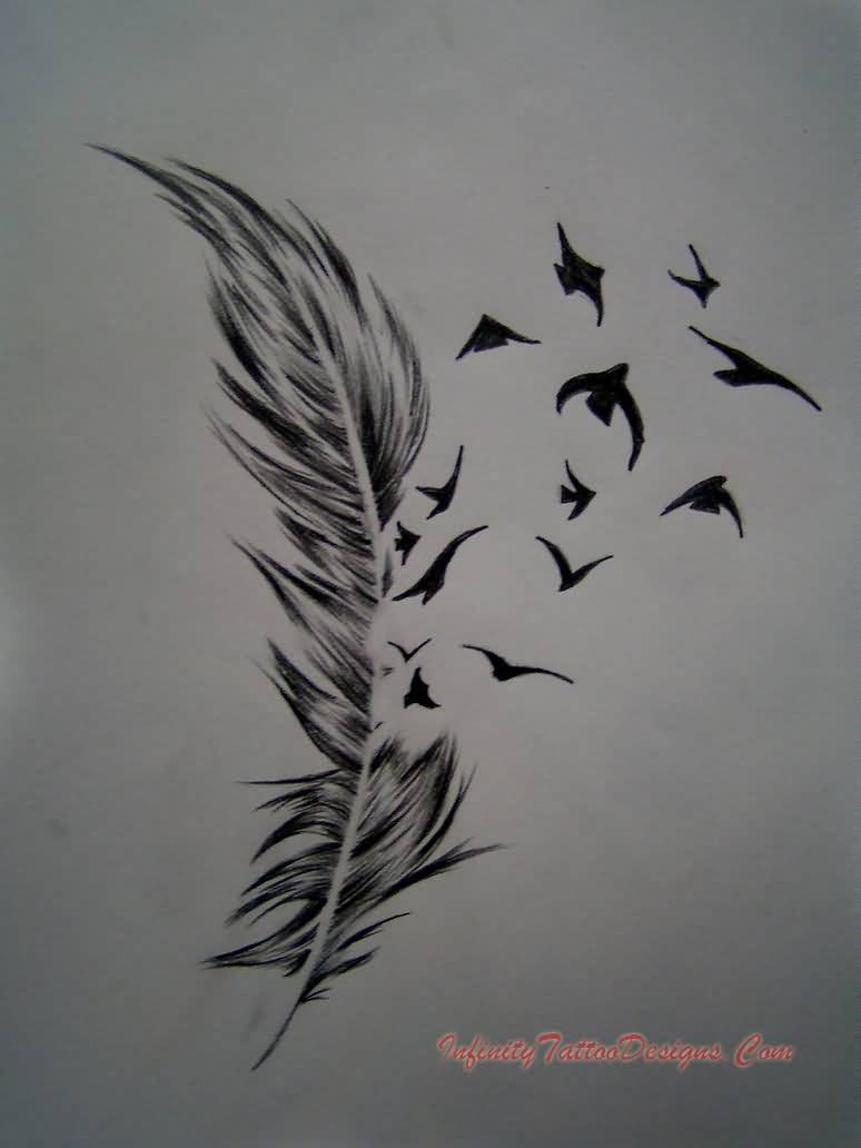 Black Birds Flying From Feather Tattoo Design