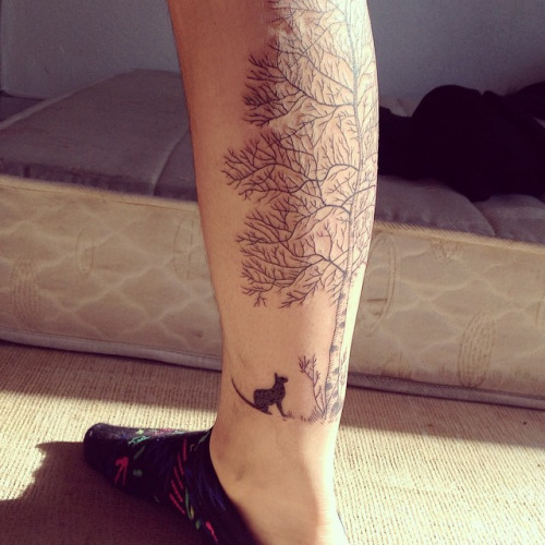 Black Cat And Birch Tree Tattoo On Leg