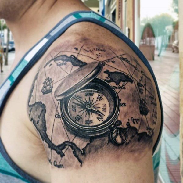 Black Compass Tattoo On Man Left Shoulder