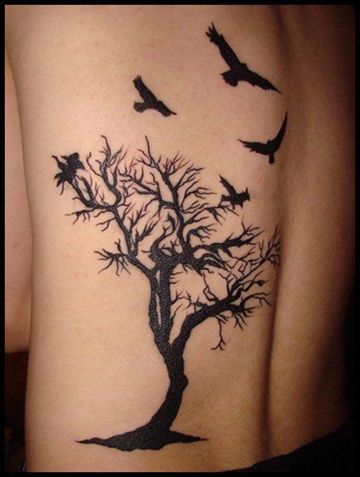 Black Flying Birds And Tree Tattoo On Lower Back