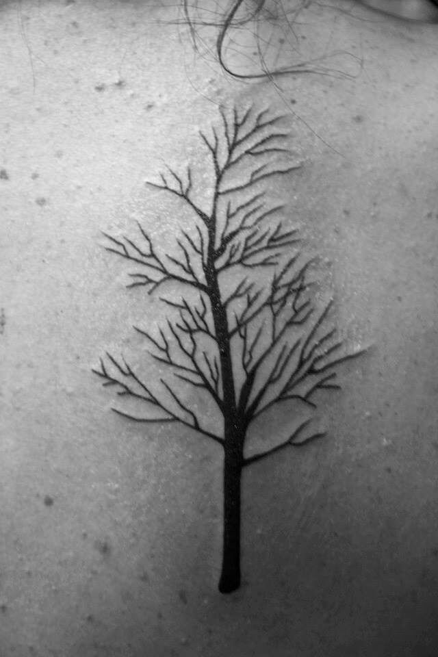 Black Ink Birch Tree Tattoo On Girl Upper Back