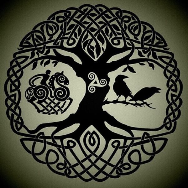 Black Ink Birds And Celtic Tree Tattoo Design