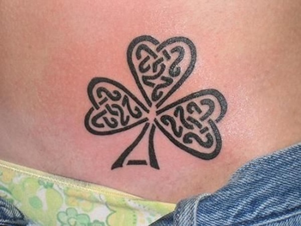 Black Ink Celtic Shamrock Tattoo On Hip