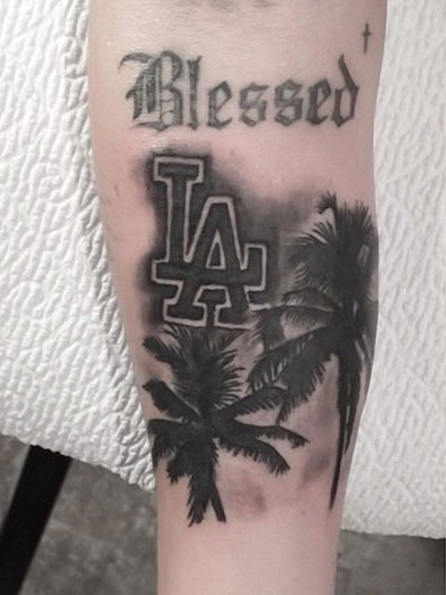 Black Ink Palm Tree Tattoos On Sleeve