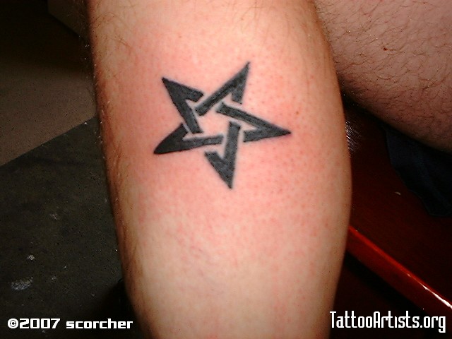 Black Ink Pentagram Star Tattoo On Side Leg