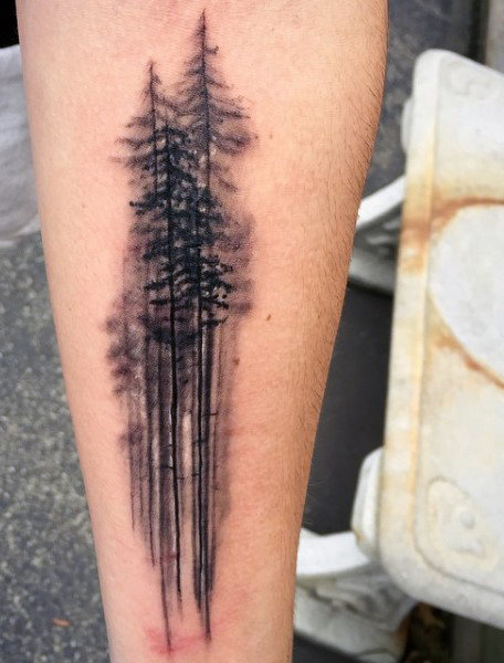 Black Ink Pine Tree Tattoo On Forearm