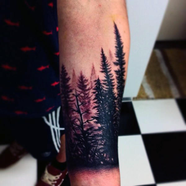 Black Ink Pine Tree Tattoo On Left Arm