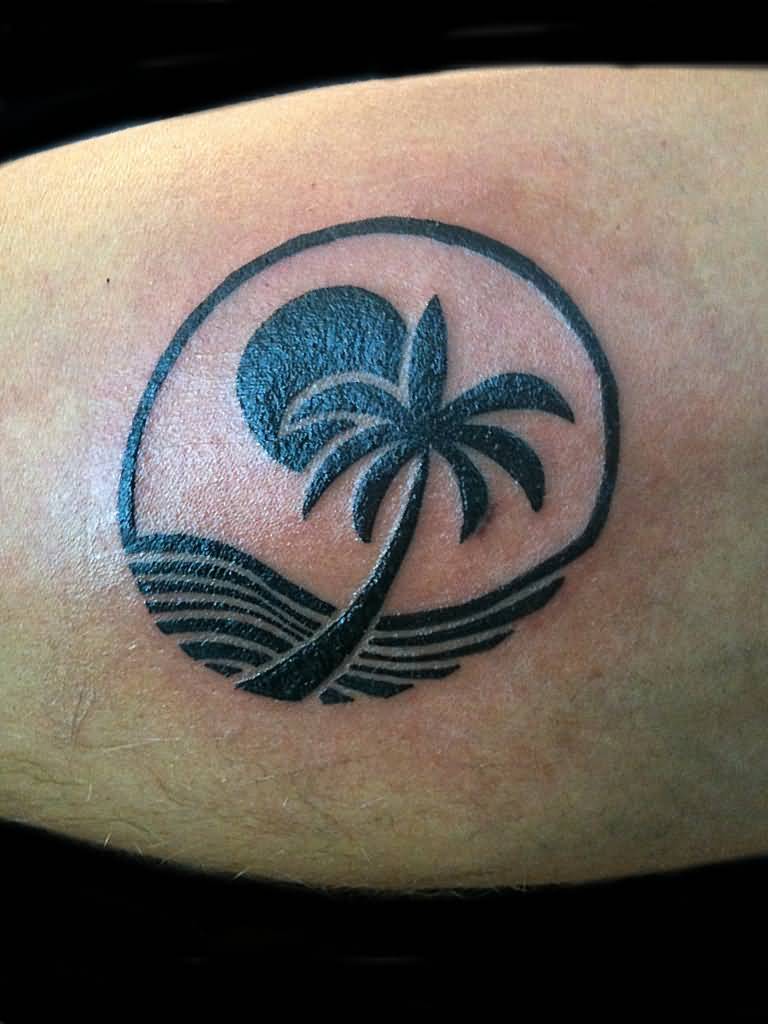 Black Ink Sun And Palm Tree Tattoo On Bicep