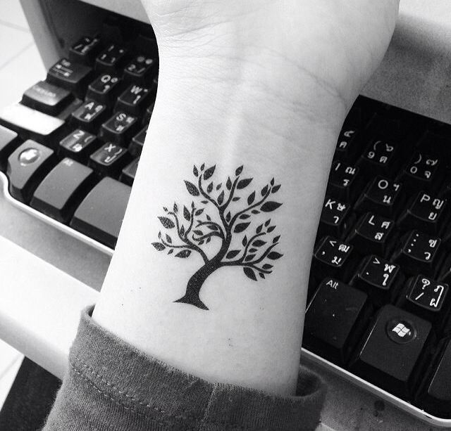 Black Ink Tree Of Life Tattoo On Girl Wrist