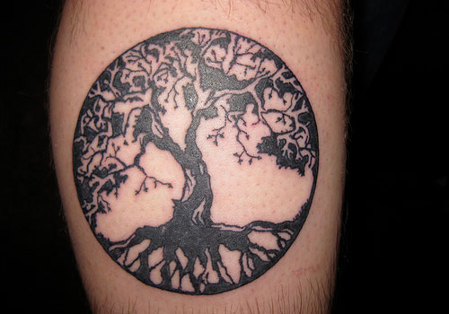 Black Ink Tree Of Life Tattoo On Side Leg