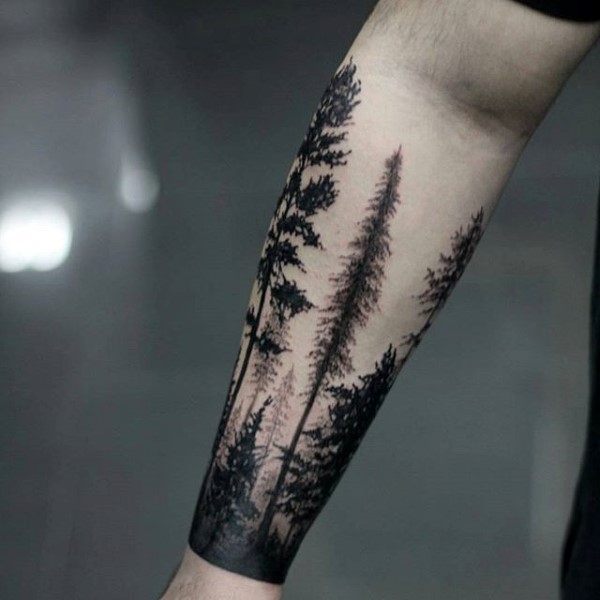 Black Ink Tree Tattoo On Arm Sleeve