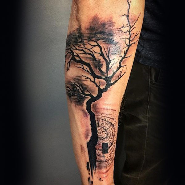 Black Ink Tree Without Leaves Tattoo On Arm Sleeve