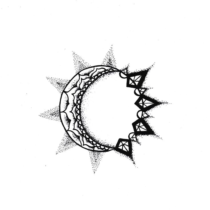 Black Outline Sun And Half Moon Tattoo Design
