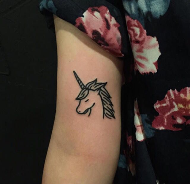 Black Outline Unicorn Tattoo On Inner Bicep