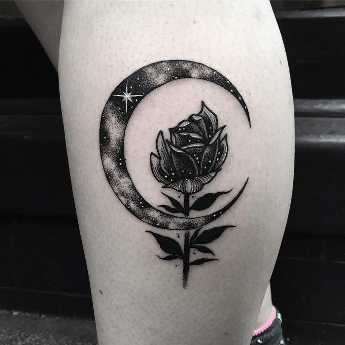 Black Rose With Moon Tattoo On Side Leg