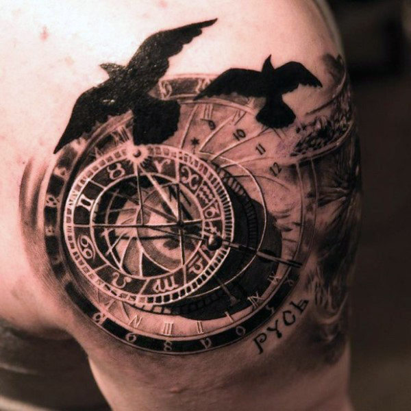 Black Silhouette Flying Birds And Compass Tattoo On Left Shoulder