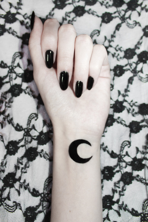 Black Silhouette Gothic Moon Tattoo On Left Wrist