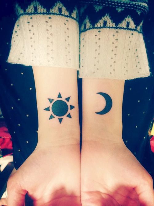 Black Silhouette Moon and Sun Tattoos On Wrists