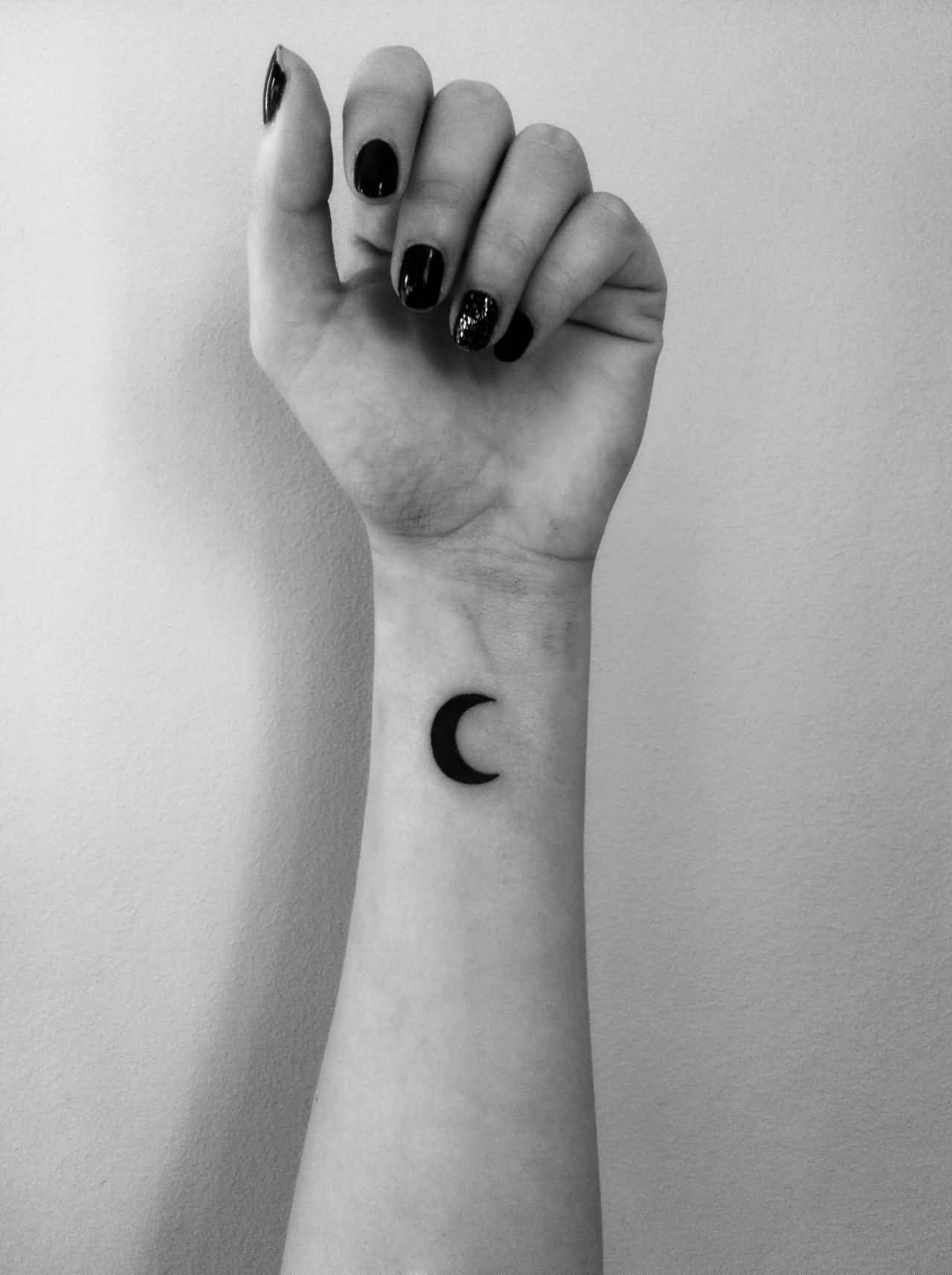 Black Silhouette Small Moon Tattoo On Left Wrist