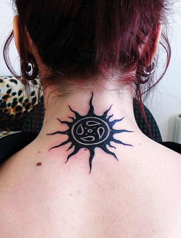 Black Sun Tattoo On Girl Nape