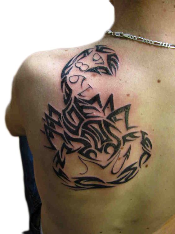 Black Tribal Scorpion Tattoo On Back Shoulder