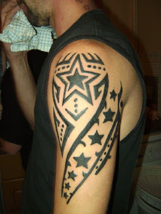Black Tribal Star Tattoos On Man Left Shoulder