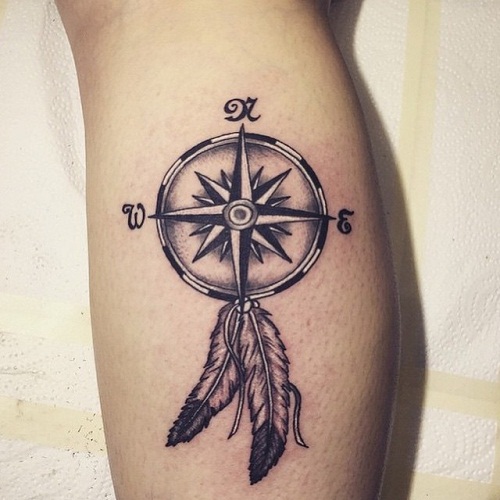 Black and Grey Compass Tattoo on Side Leg