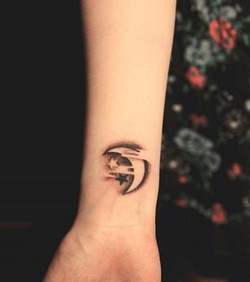 Black and White Stars With Crescent Moon Tattoo On Wrist