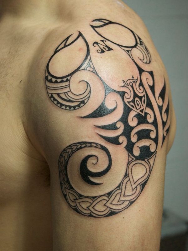 Black Tribal Scorpion Tattoo On Man Left Shoulder
