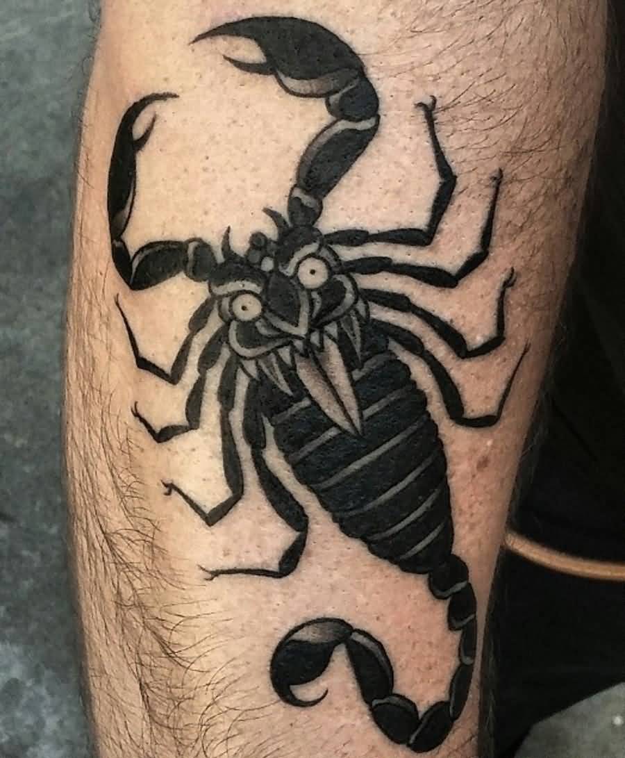 Black Ink Scorpion Tattoo On Man Right Arm