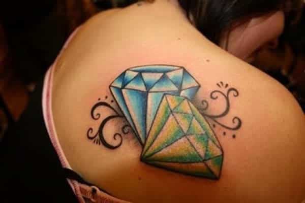 Blue And Green Diamond Tattoos On Back Shoulder