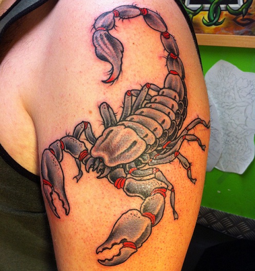 Blue And Grey Scorpion Tattoo On Left Shoulder