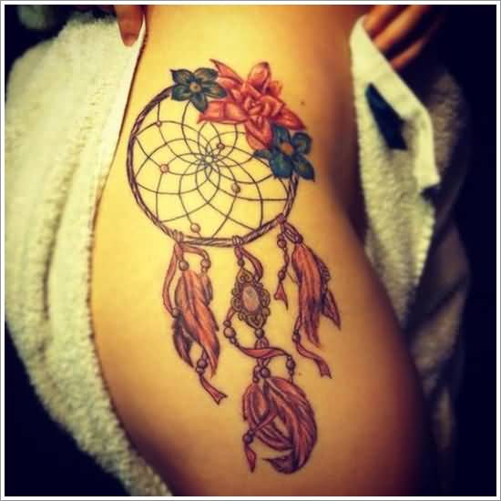 Blue And Pink Flowers Dreamcatcher Tattoo On Side Thigh