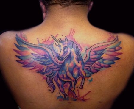Blue And Pink Winged Unicorn Tattoo On Upper Back