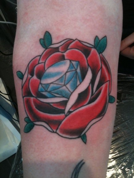 Blue Diamond In Red Rose Tattoo On Arm Sleeve