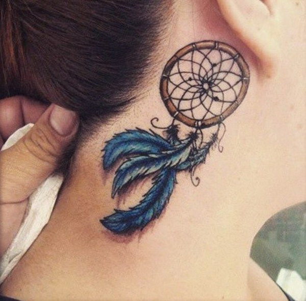 Blue Feathers Dreamcatcher Tattoo On Girl Side Neck
