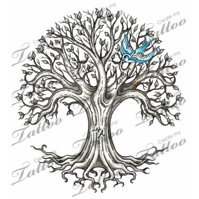 Blue Ink Flying Bird And Ash Tree Tattoo Design