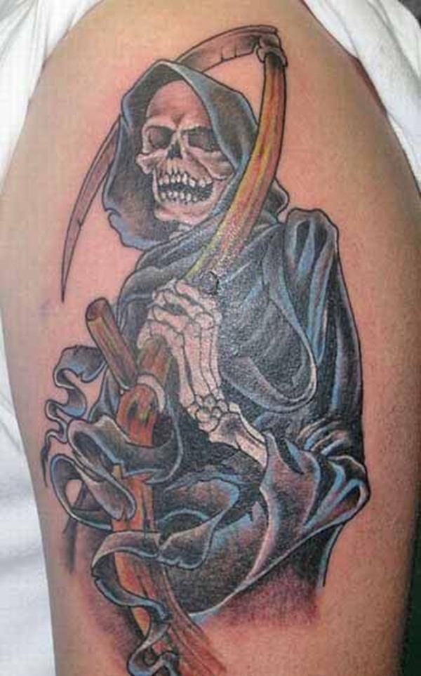 Blue Ink Grim Reaper Tattoo On Side Leg