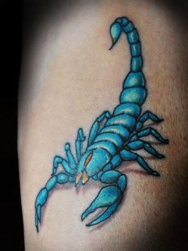 Blue Ink Scorpion Tattoo On Side Leg