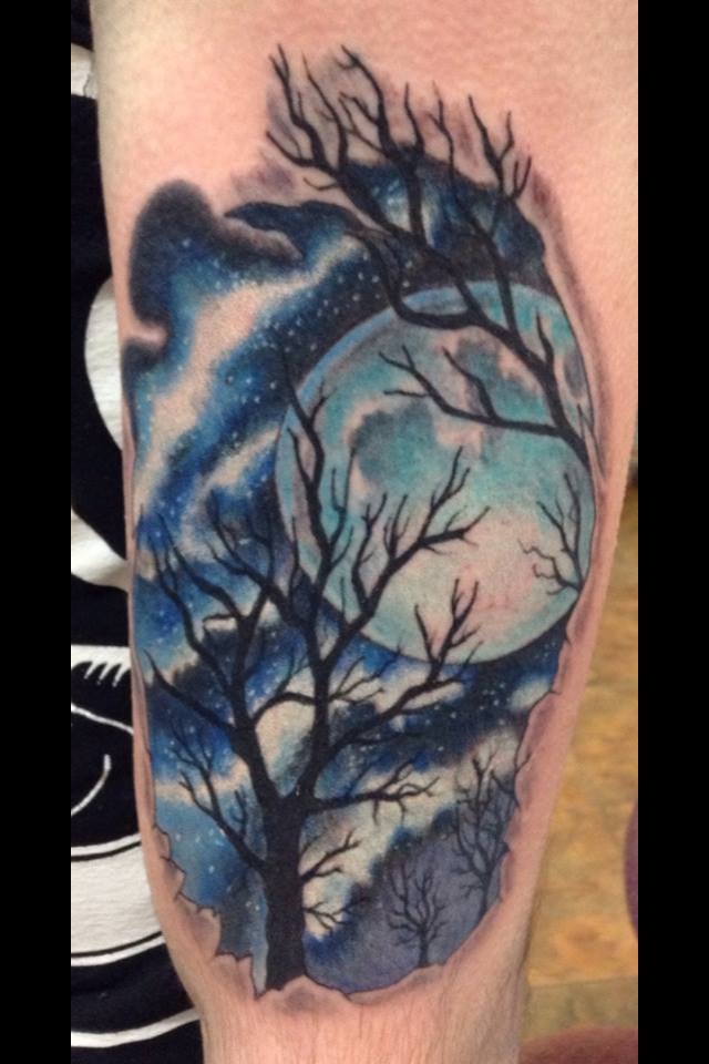 Blue Sky and Full Moon Tattoo On Left Sleeve