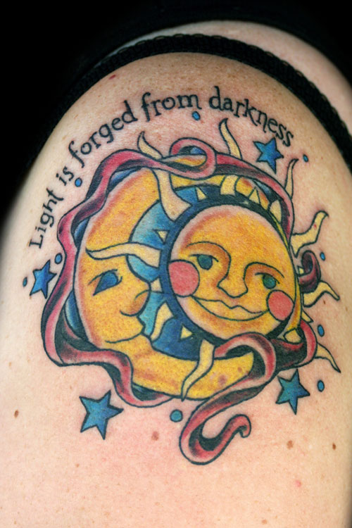 Blue Stars And Yellow Moon With Sun Tattoo On Shoulder