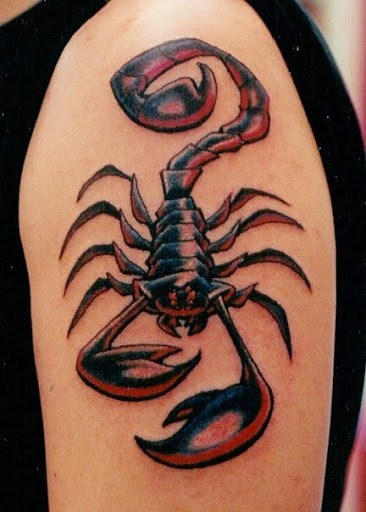 Blue and Red Scorpion Tattoo On Left Shoulder