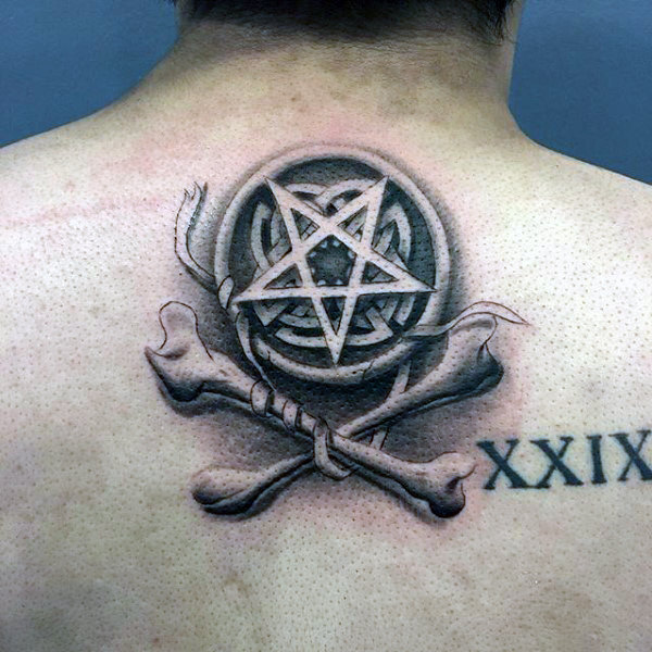 Bones and Pentagram Star Tattoo On Man Upper Back