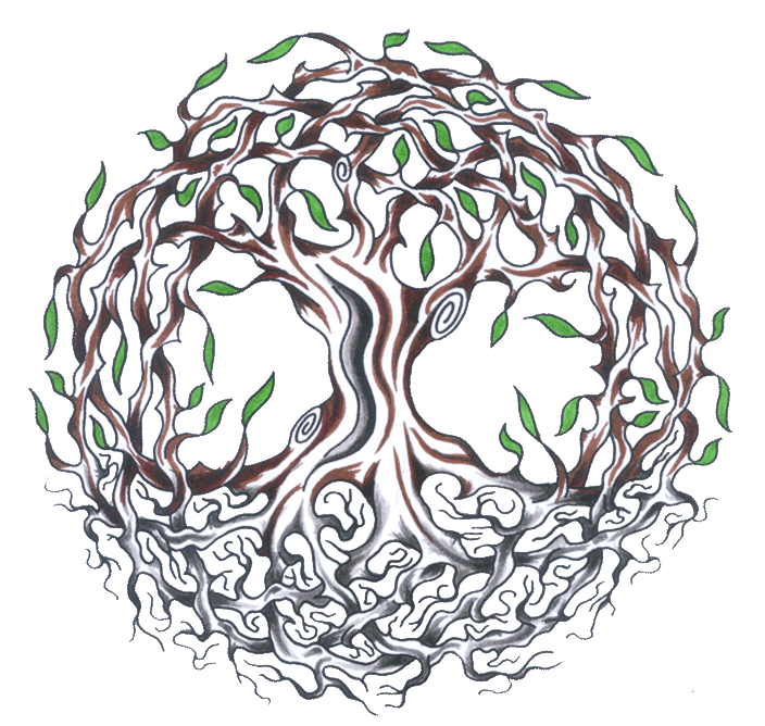 Brown And Green Ink Ash Tree Tattoo Design