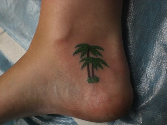Brown And Green Ink Palm Tree Tattoos On Ankle