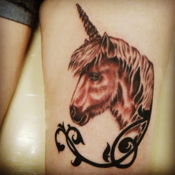 Brown Ink Gothic Unicorn Head Tattoo Idea